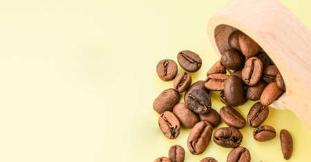 Coffee beans in a wooden spoon isolated on a light background. Place for text.