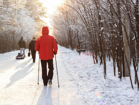Russia, Chelyabinsk, December 05, 2020: Bright sun illuminates the winter park. Man is engaged in Scandinavian walking. Winter sport. Place for text. Winter holiday concept.のeditorial素材