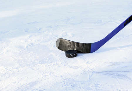 Ice hockey game on a street ice rink. Copy space. Selective focus.の写真素材