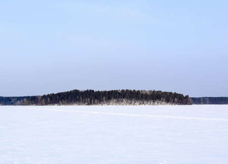 A beautiful photo of a winter landscape. Cloudy sky, snowy forest island, winter forest. Copy space.の写真素材