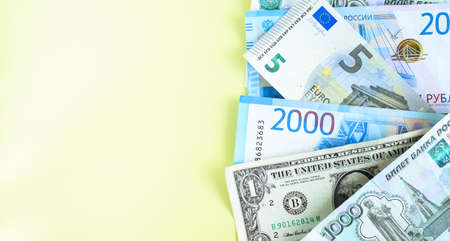 Banknotes of the USA, Europe, Russia. Currency exchange concept. International financial relations....