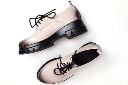 Pair of shoes on white background. Woman shoes. Flat lay.の写真素材