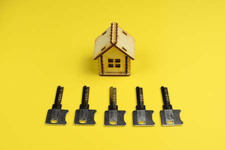 House keys and house model. Top view.の写真素材