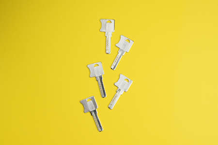 Set of door keys on a colored background, top view, flat lay. Conceptual composition.の写真素材
