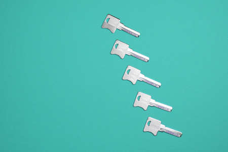 Door metal keys are located in a line on a colored background. Flat lay concept.の写真素材
