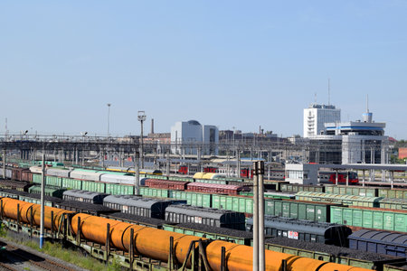 Russia, Chelyabinsk, July 08, 2022: Freight wagons at the railway station. Transport railway...