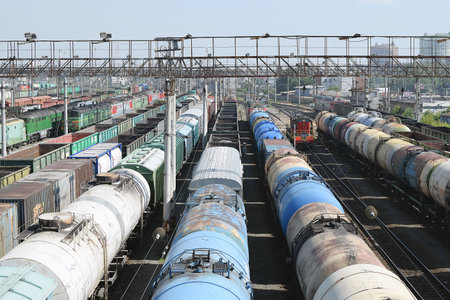 Russia, Chelyabinsk, July 08, 2022: Freight wagons at the railway station. Tanks with fuel, oil. energy crisis concept.のeditorial素材