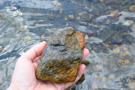 Large natural stone in the palm of your hand against the background of the seabed. Seascape. Blurred background.の写真素材
