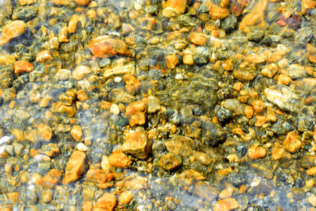 Bright yellow sea stones at the bottom of the sea, sun glare on the surface. Blurred background, selective focus. Summer holiday concept.の写真素材