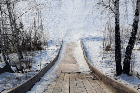 Steep descent from the wooden hill from top to bottom. The snow hill has melted.の写真素材