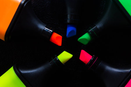 Colored felt pens on the tableの写真素材