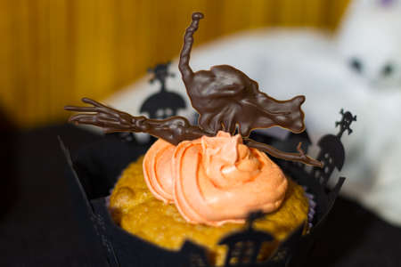 A halloween cupcake with a chocolate black cat on the orange cream with a ghost on the wooden...