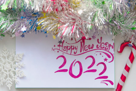 A Christmas and New Year resolution poster in winter with sketchの写真素材