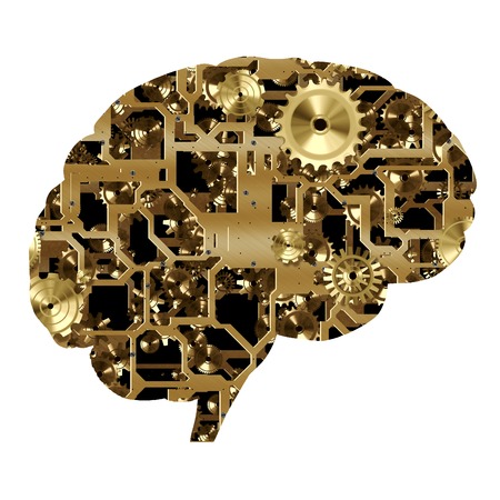 Metallic mechanism and cogwheels inside the brain.