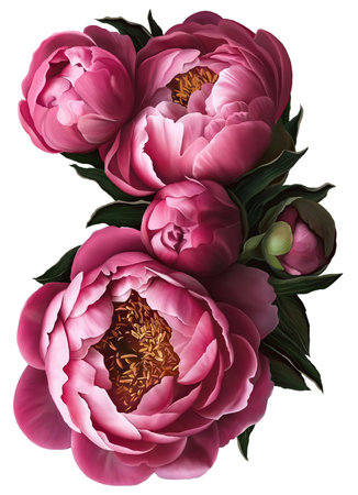 Beautiful peonies isolated on white background. Drawn flowers in marsala color. Macro. Element for design.の写真素材