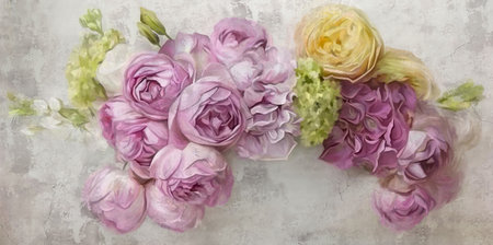 Flowers painted on a concrete wall.Bouquet flowers peonies, hydrangea, roses on the wall grunge...