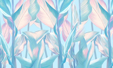 Drawn exotic tropical leaves on bright wall. Floral background. Design for wallpaper, photo...