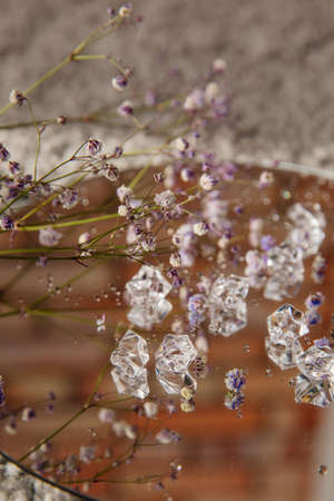 A branch of gypsophila and ice cubes on a mirror surface. A red brick wall with a beautiful blur is also reflected.の写真素材