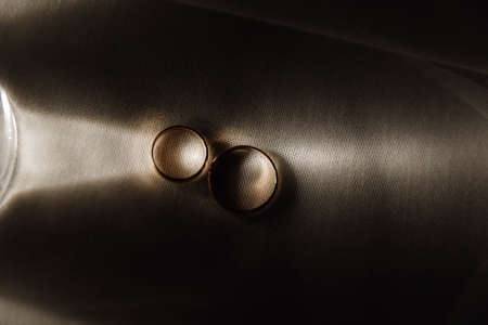 A ray of light passes through gold wedding rings. The mesh texture of the bride's veil gives the image lightness. flat lay.の写真素材