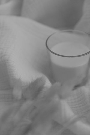 A glass of fresh delicious milk on the light textile background. Soft black and white image creates a feeling of comfort.の写真素材