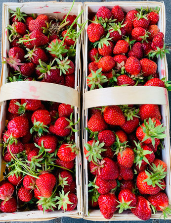 Ripe strawberries ready for eating in wooden boxes. Red ripe strawberries closeup. Selective focus. You can use as the background for any of Your project. High quality photoの写真素材