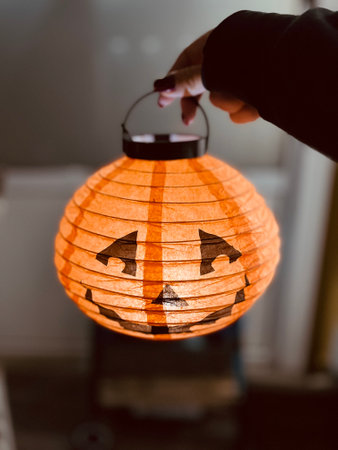 Jack o lantern glowing with moonlight in night forest. Halloween bokeh background with burning orange pumpkin. Happy Halloween banner. Copy space for text. High quality photoの写真素材