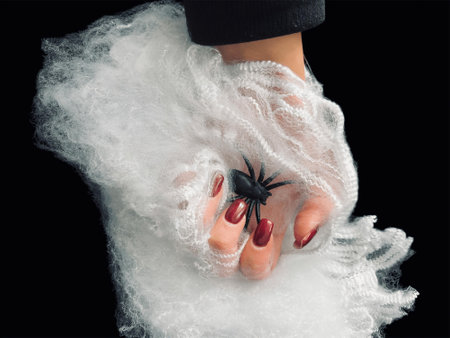 Spider is sitting on person's hand with blurry background. High quality photoの写真素材