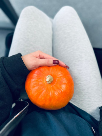 Woman, housewife, holds medium-sized ripe fresh orange pumpkin in her outstretched arms, holding it out towards the camera. High quality photoの写真素材