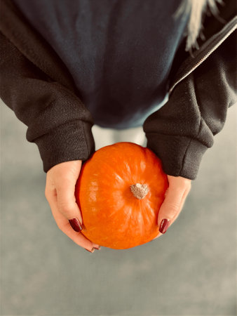 Woman, housewife, holds medium-sized ripe fresh orange pumpkin in her outstretched arms, holding it out towards the camera. High quality photoの写真素材