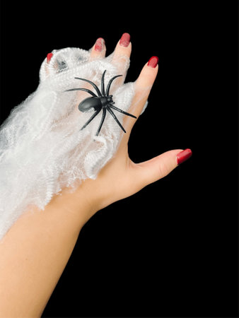 Spider is sitting on persons hand with blurry background. High quality photoの写真素材