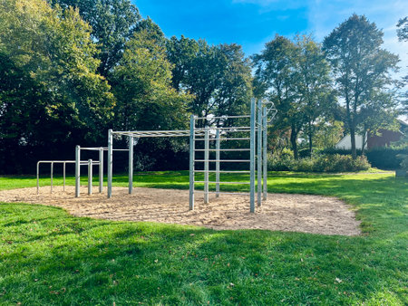 Free gym area with exercise equipment in the street. The sports ground..の写真素材