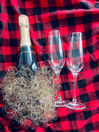 Wineglasses and bottle of champagne lying on red background. New Year celebration concept. Top view. Flat lay.の写真素材