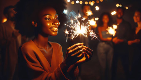 group of friends enjoying themselves with sparklers in the photo.の写真素材