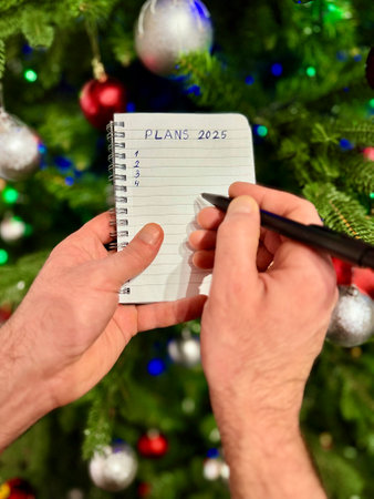 Writing new year resolutions 2025 by hand in December on New Year's Eve. Plan, goals, ideas,...