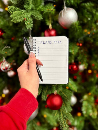 Writing new year resolutions 2025 by hand in December on New Year's Eve. Plan, goals, ideas,...