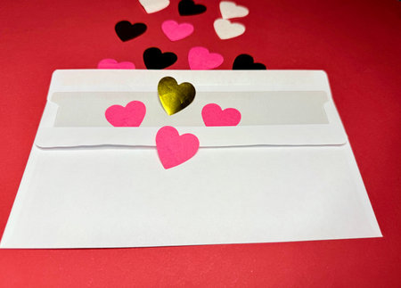 White envelope and blank form with pink and black paper hearts on a red background. Gold heart detail visible. Copy space. High quality photoの写真素材