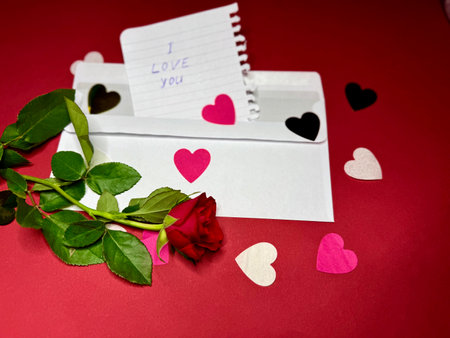 A white envelope with heart decorations and a note, accompanied by a red rose with green leaves on a red background. Scattered paper hearts in pink, white and black complete the romantic composition.の写真素材