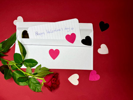 White envelope with hearts and a note on a red background, accompanied by a rose. Valentine's Day themed composition with decorative hearts scattered around.の写真素材