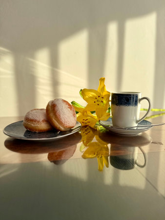Fragrant coffee in a takeaway paper cup with mouth-watering sweet donuts on a wooden table with copy space. Breakfast with coffee and donuts. Appetizing donut dessert with coffee. High quality photoの写真素材