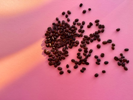 Coffee beans on a pink background copy space. High quality photoの写真素材