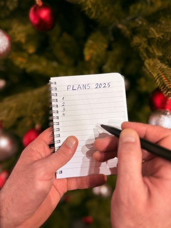 Writing new year resolutions 2025 by hand in December on New Year's Eve. Plan, goals, ideas,...