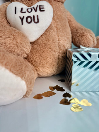 Teddy bear with gift box and heart on wooden background. High quality photoの写真素材
