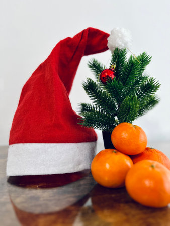 Winter still life with tangerine fruits in a basket, sleigh, Santa hat and Merry Christmas sign. High quality photoの写真素材