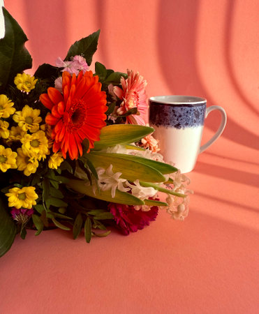 Top view of a cup of coffee surrounded by beautiful flowers. High quality photoの写真素材