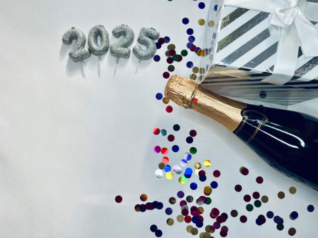 Figure 2025 made of balloons with bottle of champagne, glass and Christmas decorations on white...