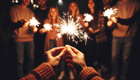 group of friends enjoying themselves with sparklers in the photo.の写真素材