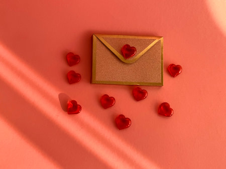 Envelope and red heart on pink background, top view. Valentine's Day celebration. High quality photo