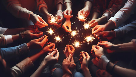 group of friends enjoying themselves with sparklers in the photo.の写真素材