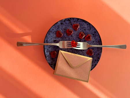 Festive table setting for Valentines Day on table background. High quality photoの写真素材