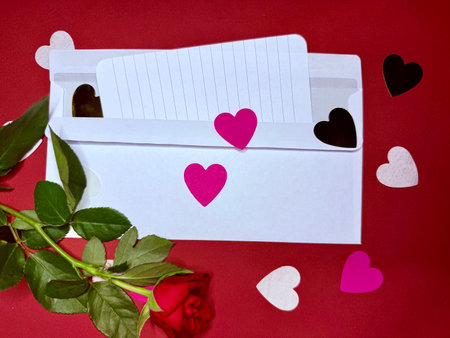 White envelope with pink hearts and a red rose on a red background. Valentine's Day card. Copy space. High quality photoの写真素材